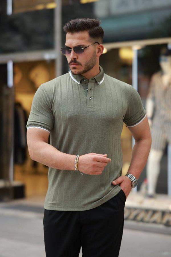 Erkek Düğme Yakalı Jakar Kumaş Kısa Kollu Tişört - Image 1