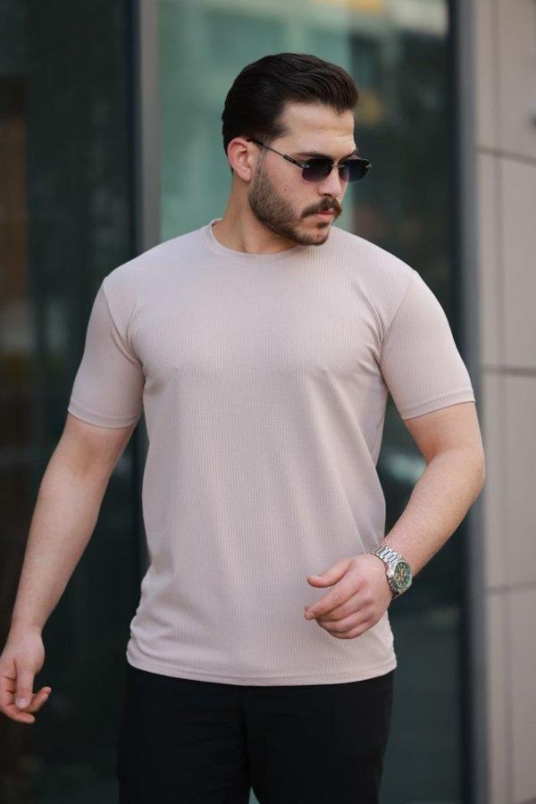 Erkek Kısa Kollu çizgi Kabartma Detaylı T-shirt - Image 1