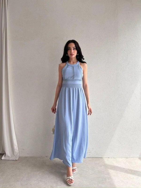 Kadın Krinkil Kumaş Beli Gipeli Halter Yaka Maxi Boy Elbise - Image 1