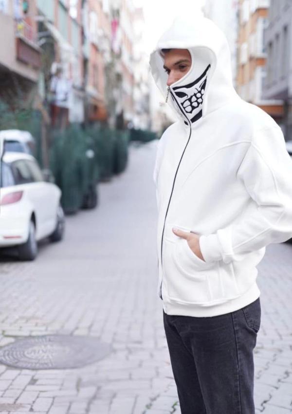 Samuray Kapşonlu ZIP Fermuarlı Çift Kapşonlu Nakışlı SweatShirt- Beyaz - Image 1