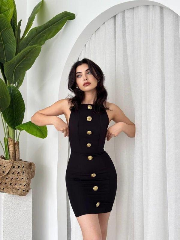 Katalina Gül Düğmeli Elbise - Image 1