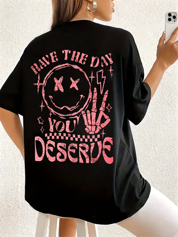 Baskılı Oversize Bisiklet Yaka T-shirt - Siyah - Image 1