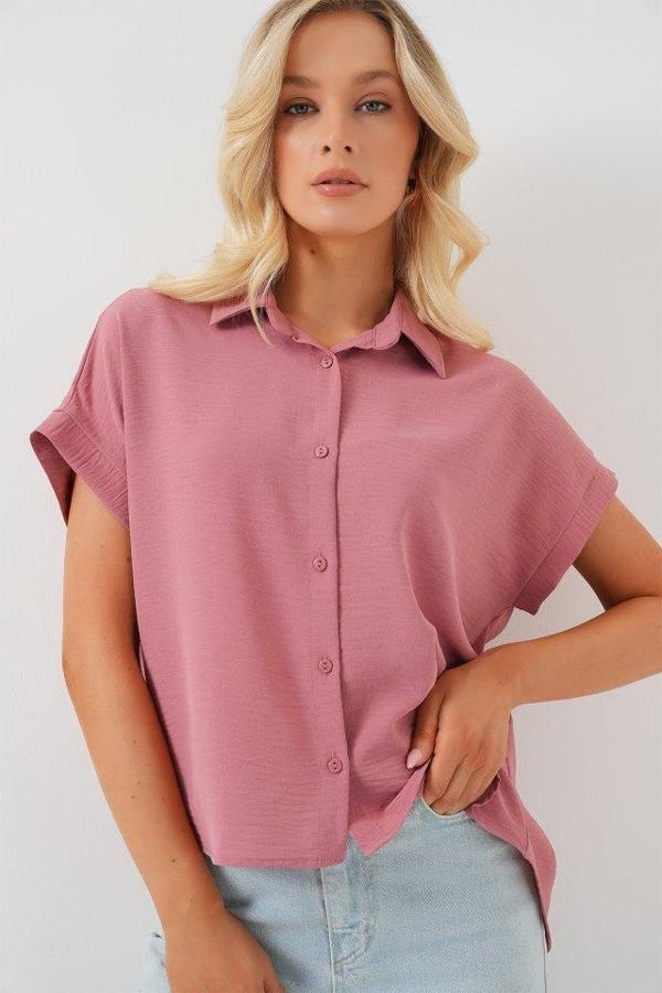 Oversize Kısa Kol Gömlek 20322 - Pembe - Image 1