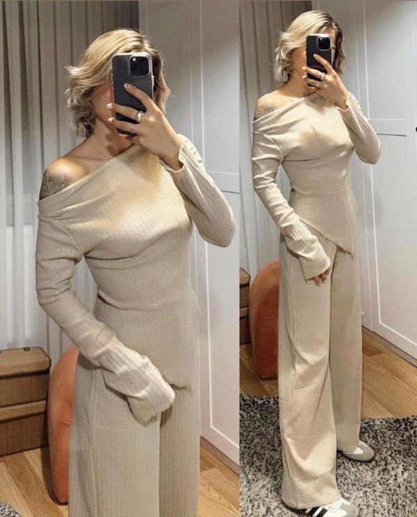 Kadın Uzun Kollu Omuzlardan Açık Asimetrik Kesim Kaşkorse Bluz Ve Pantolon Ikili Pantolon - Image 1