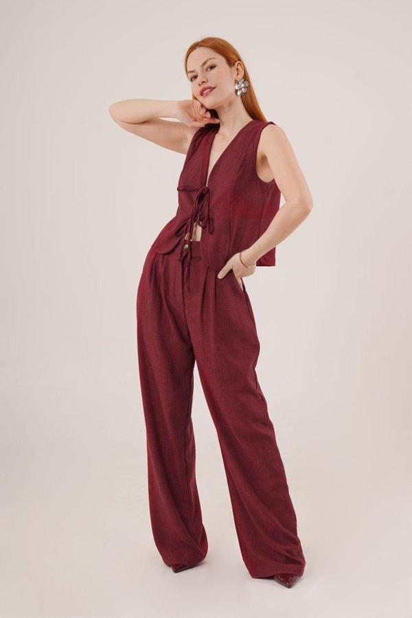 Ön Bağlama Detaylı Yelek Ve Pantolon Bordo İkili Takım - Image 1