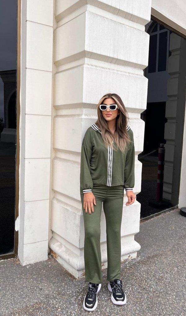 Kadın Uzun Kollu Kapşonlu önü Fermuarlı şerit Detay Viskon Iki Iplik Alt üst Ikili Takım - Image 1