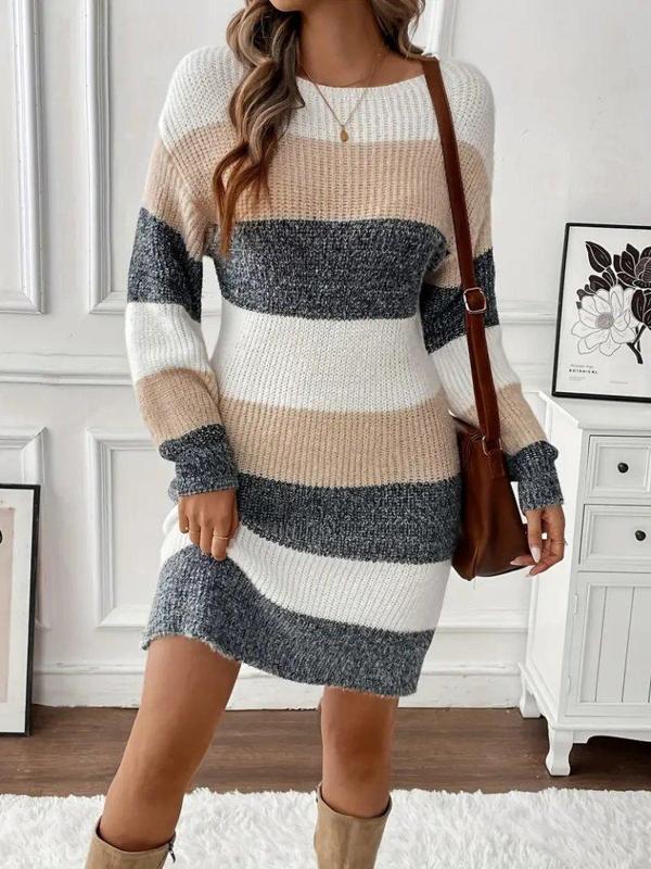 Kadın Uzun Kollu Yuvarlak Yaka çizgili çok Renkli Triko Elbise - Image 1