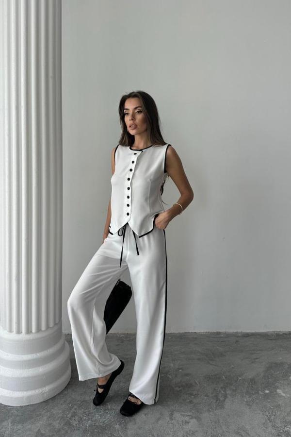 KETEN KENARLARI BİYELİ YELEK - PANTOLON TAKIM - Beyaz - Image 1