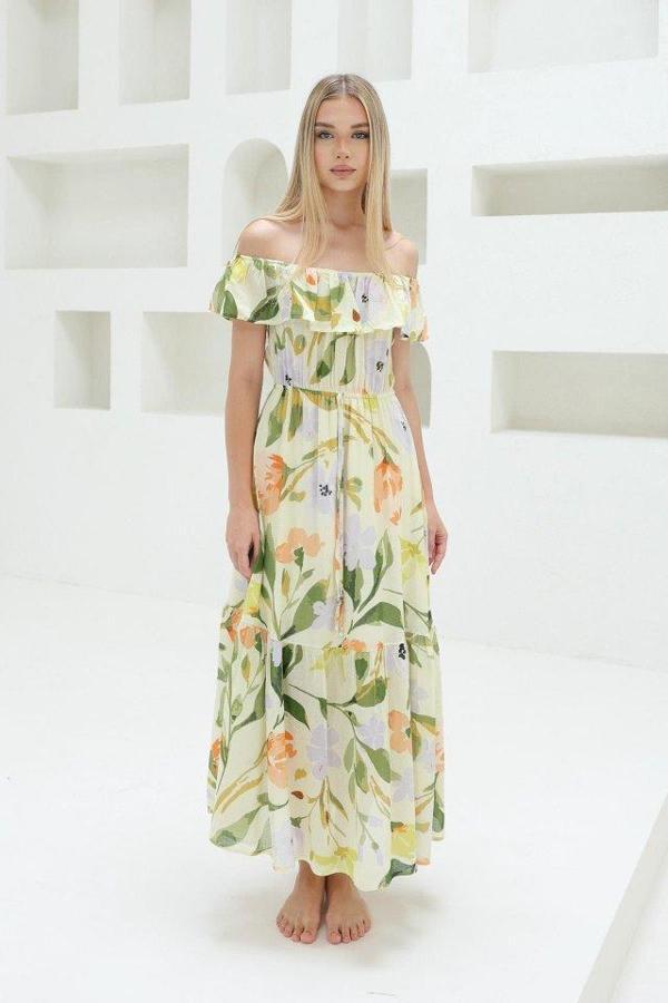 Madonna Yaka Elbise - Yeşil - Ekru - Image 1