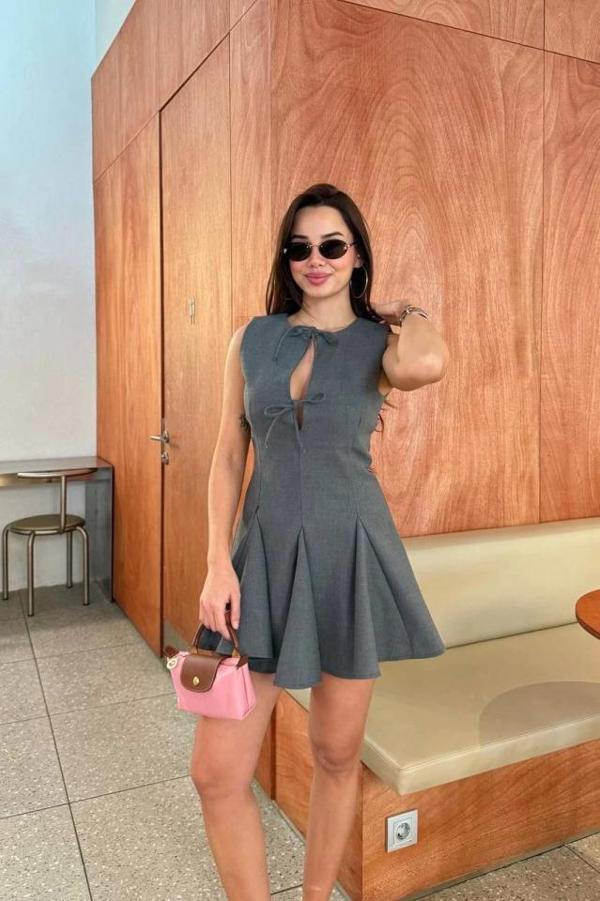 Bağcık Detaylı Kolsuz Mini Elbise - Antrasit - Image 1