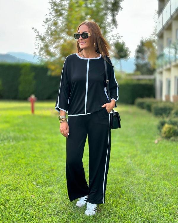 Kadın Bisiklet Yaka Truvakar Kol Biye Detay Bluz Ve Yüksek Bel Lastikli Pantolon Ikili Takım - Image 1