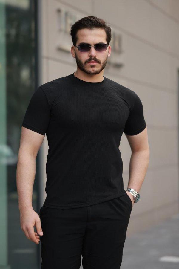 Erkek Kısa Kollu çizgi Kabartma Detaylı T-shirt - Image 1