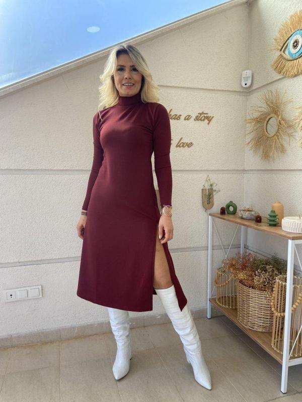 Kadın Uzun Kollu Balıkçı Yaka Derin Yırtmaç Detay Krep Elbise - Image 1