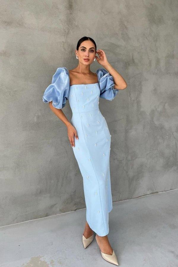 Bebe Mavi İşlemeli Kolu Garnili Elbise - Image 1