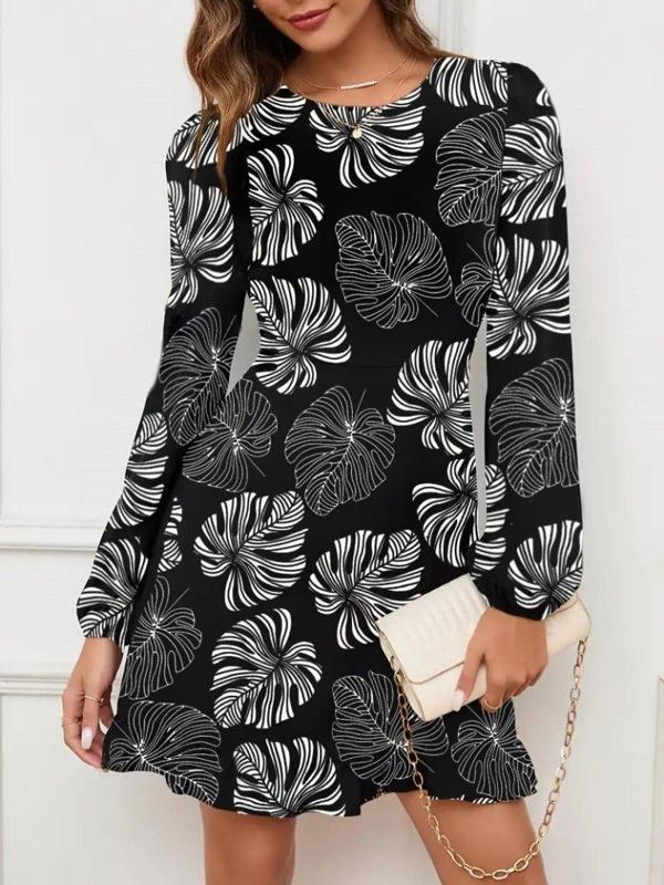 Kadın Uzun Kollu Bisiklet Yaka Desenli Kısa Krep Elbise - Image 1