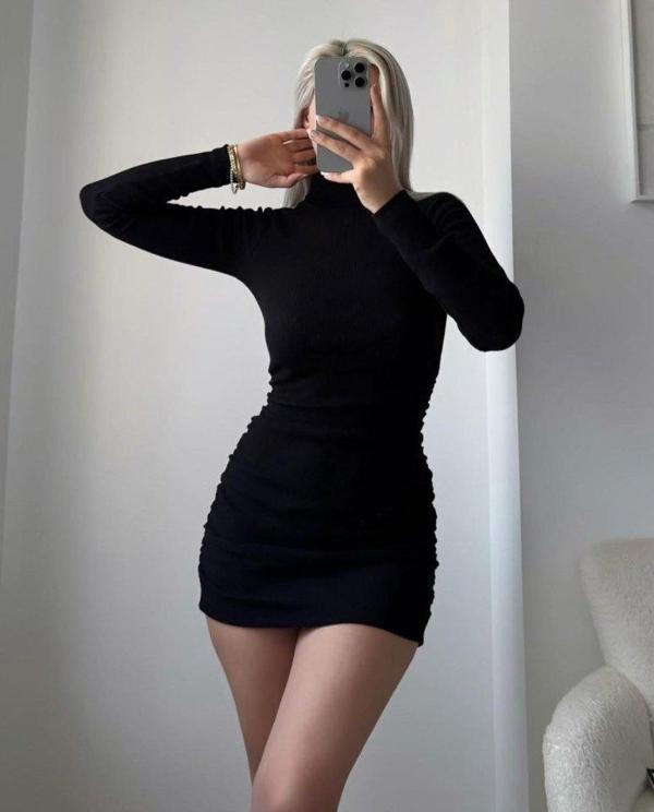 Kadın Uzun Kollu Balıkçı Yaka Büzgü Detay Kaşkorse Kumaş Mini Elbise - Image 1