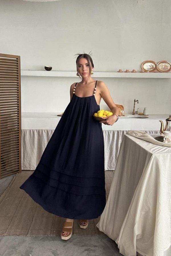 Lacivert Askılı Müslin Elbise - Image 1