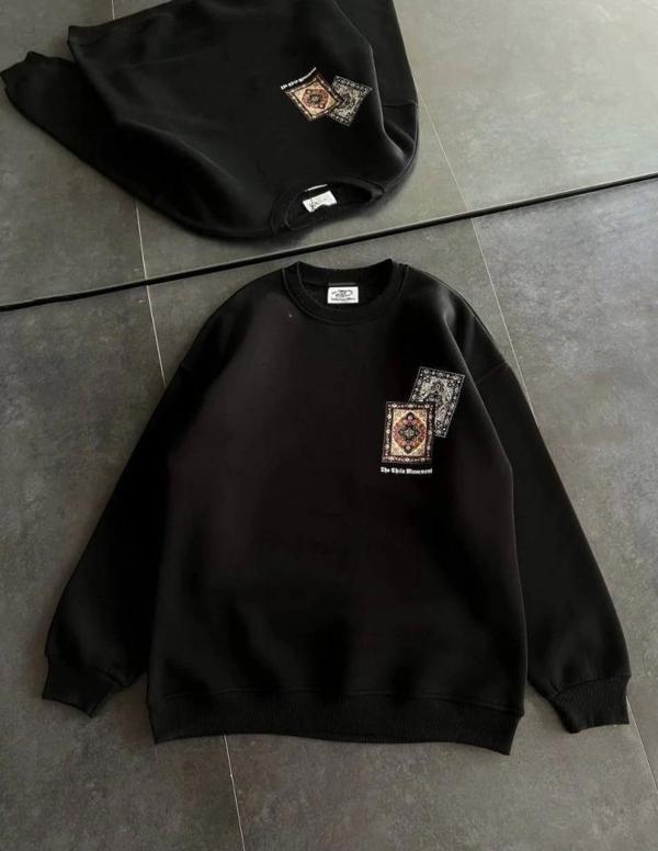 Bisiklet Yaka Baskılı SweatShirt - Siyah - Image 1