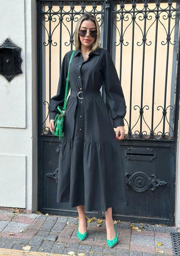 Kadın Uzun Kollu Yakalı önden Düğmeli Beli Metal Kemerli Dokuma Maksi Elbise - Image 1