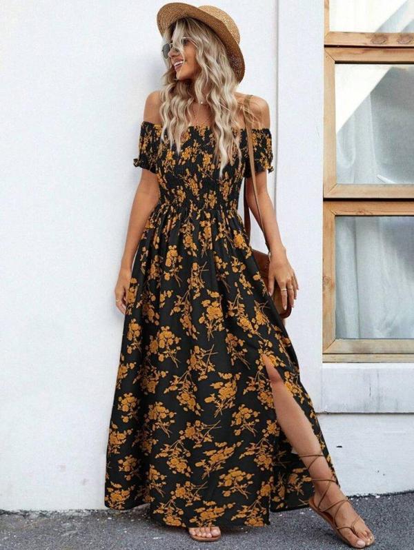 Kadın Kısa Kollu Madonna Yaka Yırtmaçlı çiçek Desenli Süprem Elbise - Image 1