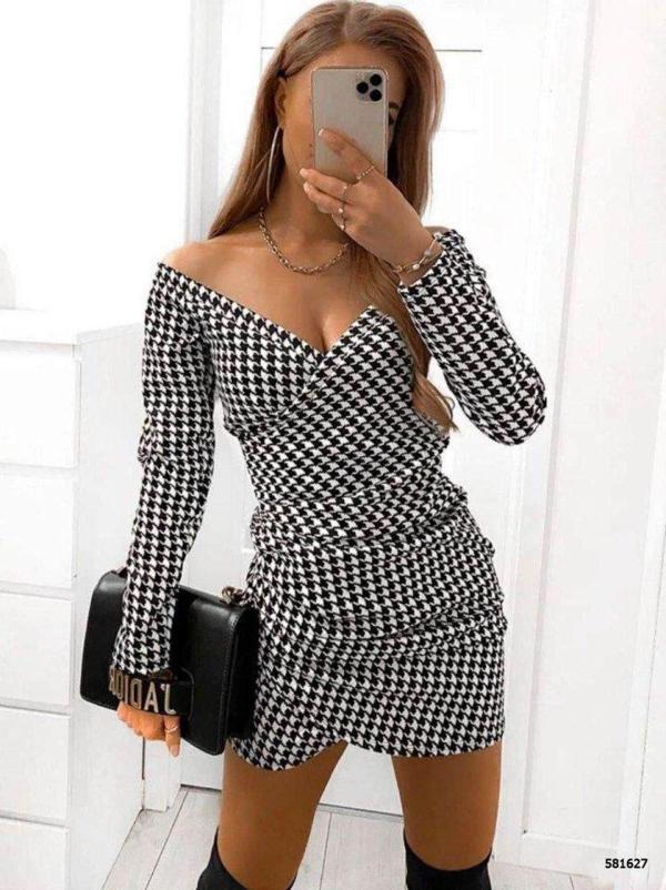 Kadın Kazayağı Desenli Kruvaze Yaka Mini Krep Elbise - Image 1