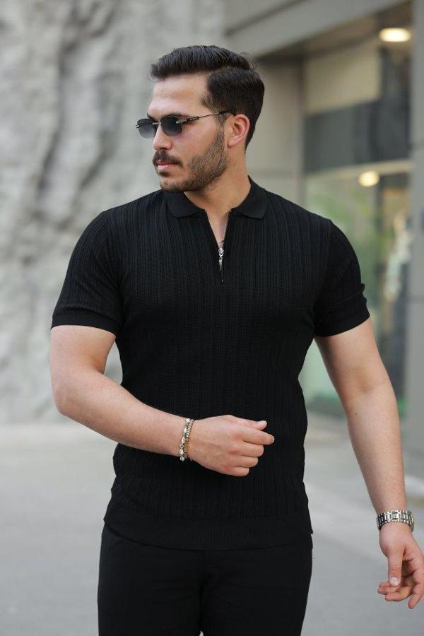 Erkek Fermuar Yakalı Kısa Kollu Tişört - Image 1