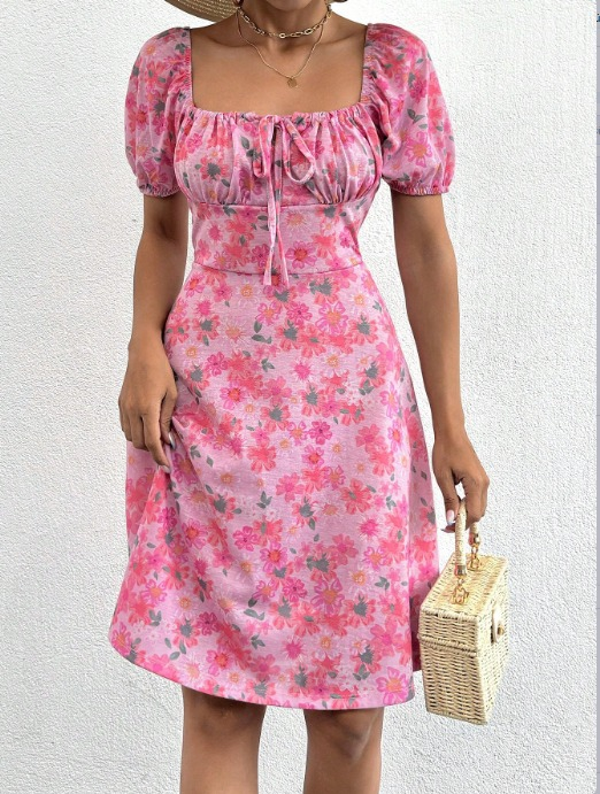 Kadın Kısa Kollu Mini çiçek Baskılı Bağcık Detay Süprem Midi Boy Elbise - Image 1