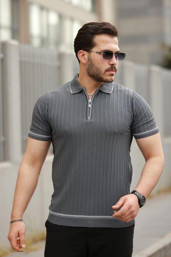 Erkek Fermuarlı Yakalı Kısa Kollu T-shirt - Image 1