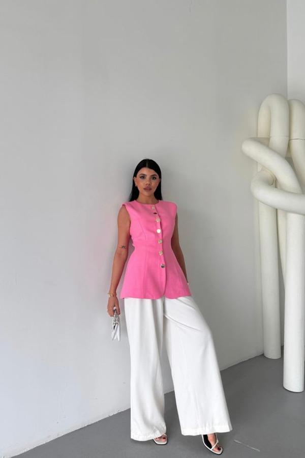 KETEN YELEK BELDEN OTURTMALISIRALI DÜĞME DETAYLI - Pembe - Image 1