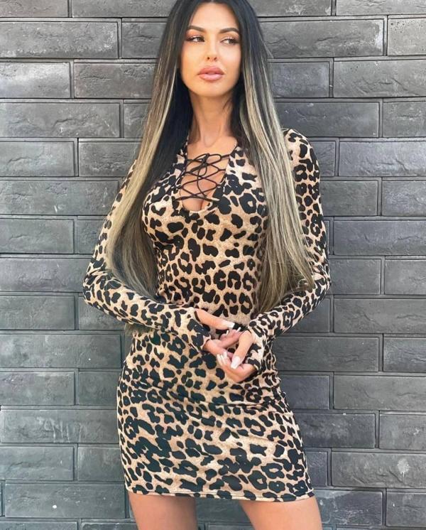 Kadın örme Viskon Kumaş Leopar Desenli çapraz Göğüs Detay Mini Boy Elbise - Image 1