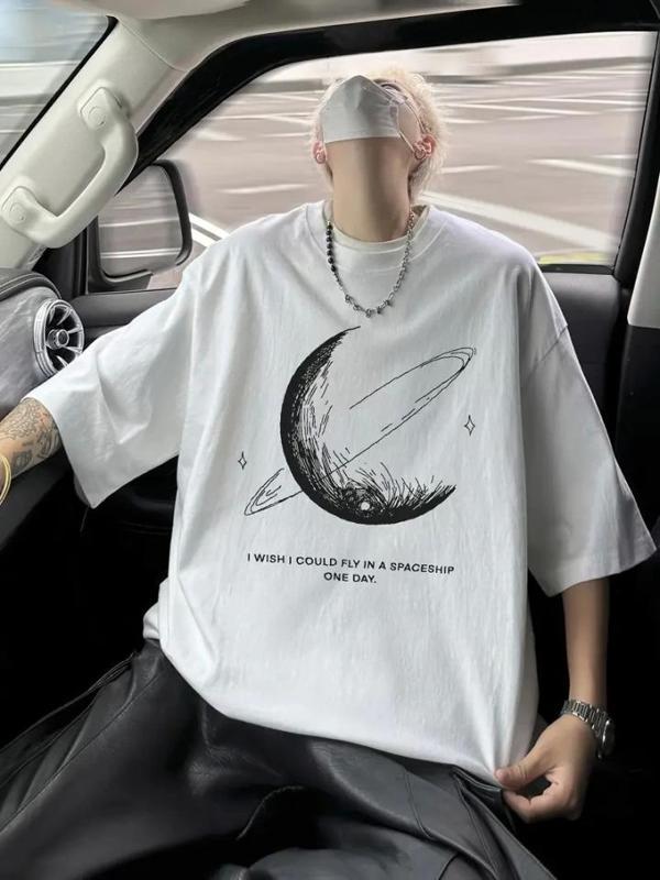 Baskılı Oversize Bisiklet Yaka T-shirt - Beyaz - Image 1