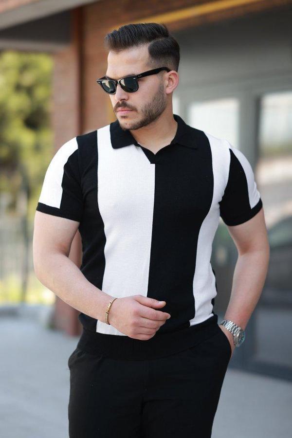 Erkek Kısa Kollu Polo Yakalı Blok Desenli Triko Bluz - Image 1