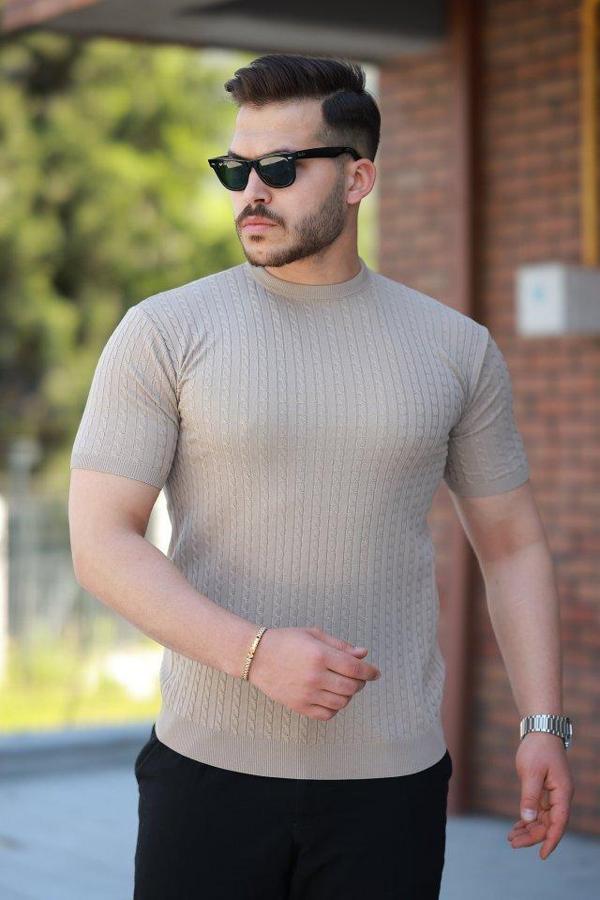 Erkek Bisiklet Yaka örgü Desenli Kısa örme Triko Kısa Kollu T-shirt - Image 1
