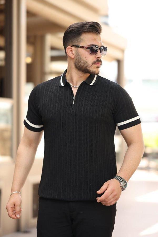 Erkek Yaka Ve Kolları çizgi Detaylı Fermuarlı Kısa Kollu T-shirt - Image 1