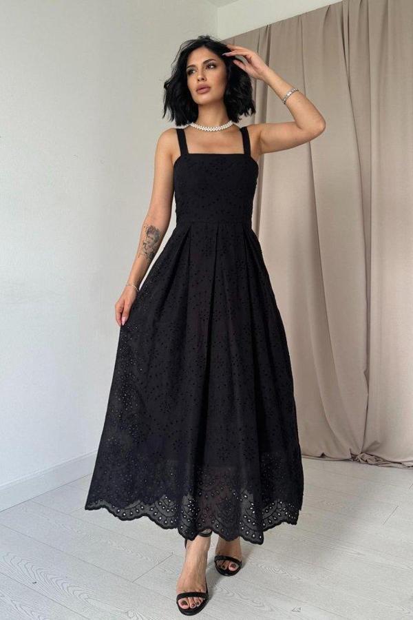 Siyah Askılı Aparatlı Brode Elbise - Image 1