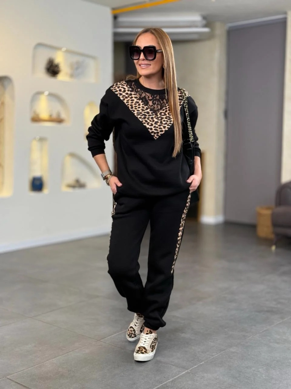 Kadın üç Iplik Kumaş Leopar Desenli Dantel Detaylı Ikili Takım - Image 1