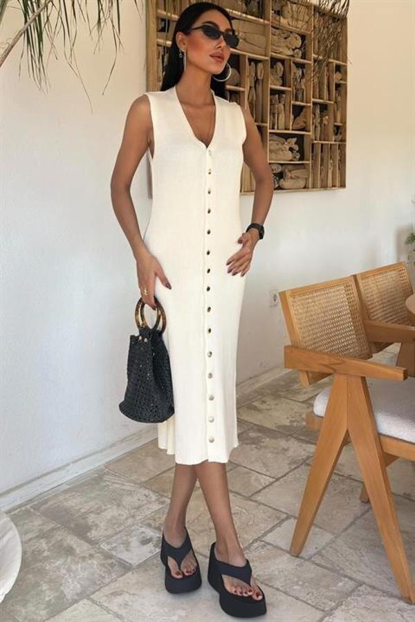 Önü Düğmeli Fitilli Kolsuz Elbise 2832 - Image 1