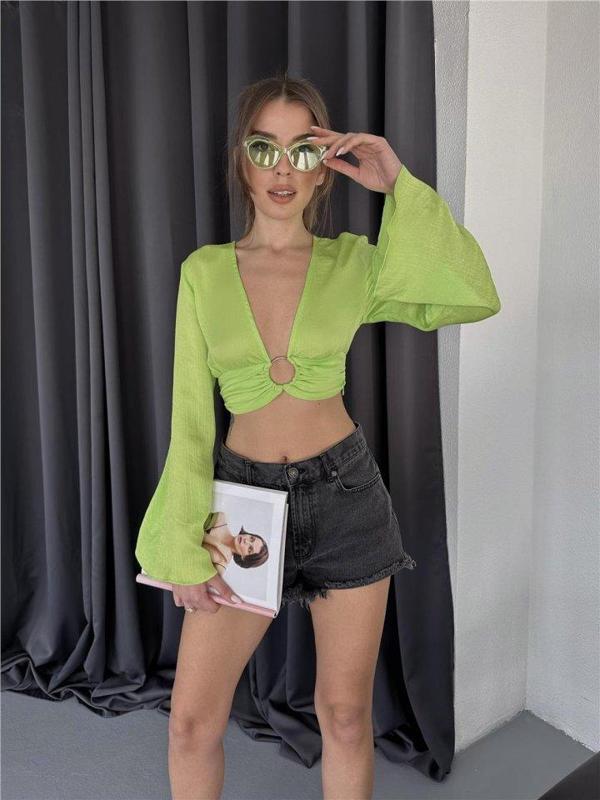 SATEN CROP TOKA DETAYLI BLUZ - Yeşil - Image 1