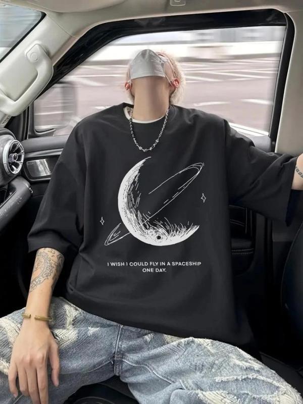 Baskılı Oversize Bisiklet Yaka T-shirt - Siyah - Image 1