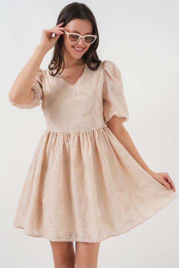 2529 Fistolu Kısa Elbise - Bej - Image 1