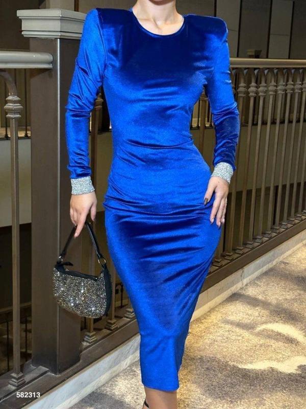 Kadın Bisiklet Yaka Vatkalı Manşet Detay Kadife Kumaş Midi Boy Elbise - Image 1