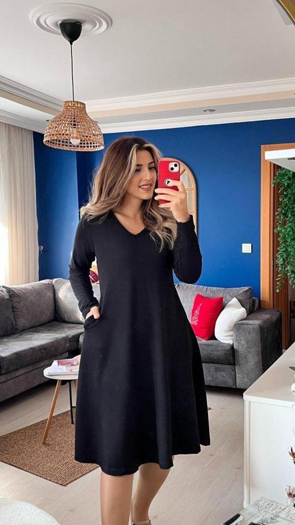 Kadın Uzun Kollu V Yakalı Salaş Midi Iki Iplik Elbise - Image 1