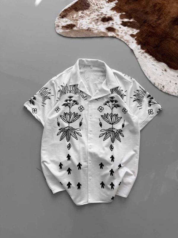 İki İplik Kumaş Baskılı Gömlek - Beyaz - Image 1