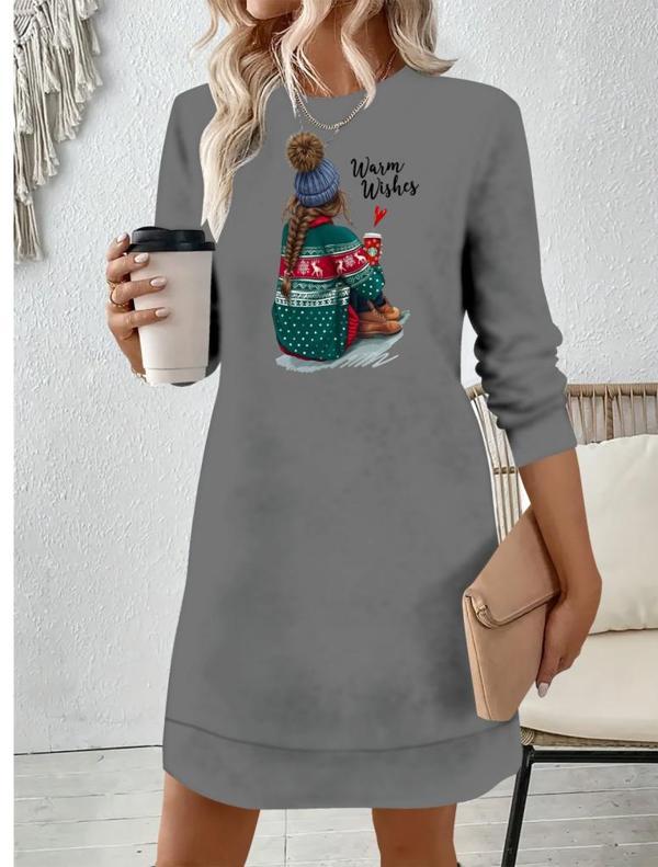 Kadın Uzun Kollu Bisiklet Yaka Desenli Viskon Iki Iplik Elbise - Image 1