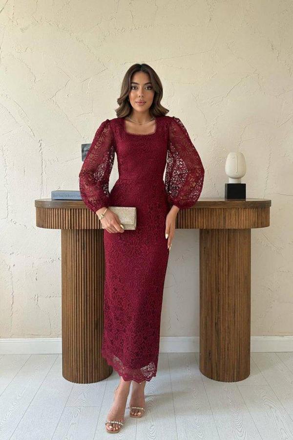 Bordo Güpür Detaylı Dantel Elbise - Image 1