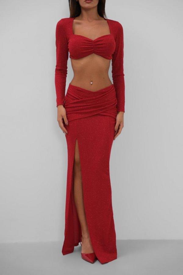 Yırtmaçlı Etek Ve Crop Bluz Takım - Image 1