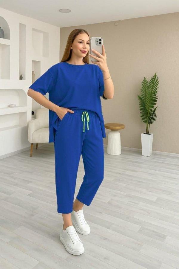 Kadın Kısa Kollu Bisiklet Yaka Viskon Iki Iplik Bluz Ve Pantolon Ikili Takım - Image 1