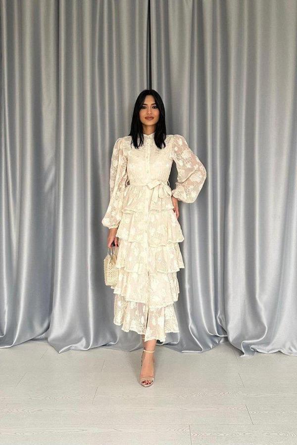 Bej Valonlu Şeritli Kat Kat Elbise - Image 1