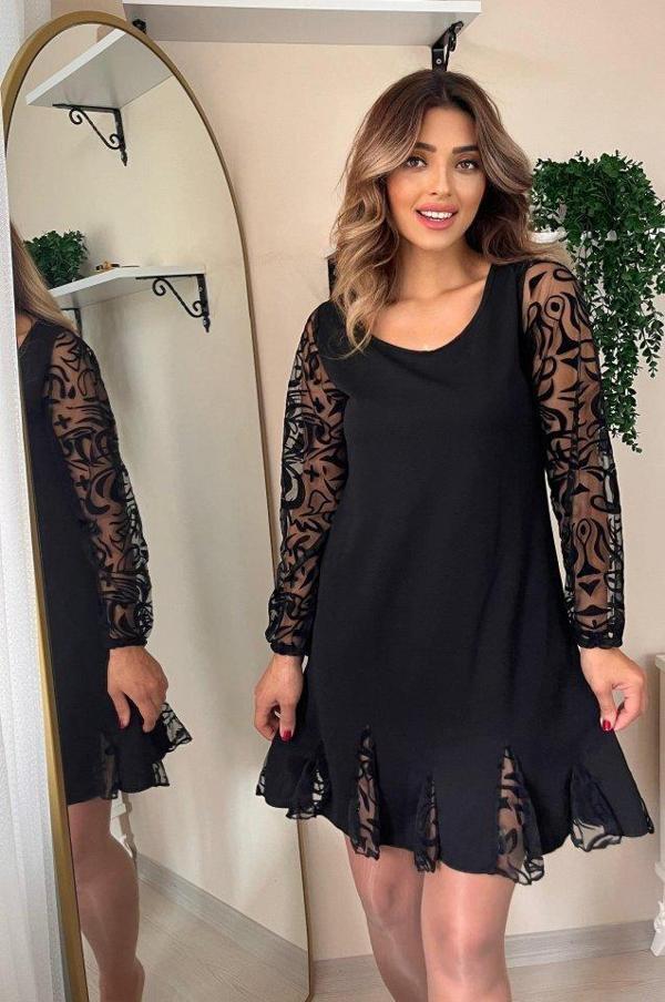 Kadın Uzun Kollu Yuvarlak Yaka Kol Ve Etek Ucu Dantelli Kısa Ithal Krep Elbise - Image 1