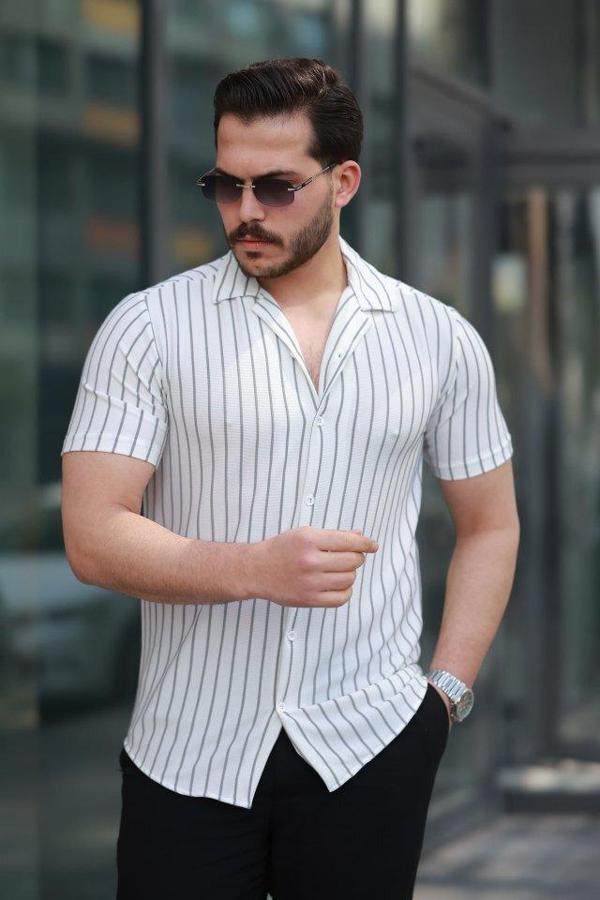 Erkek Kısa Kollu Gri çizgi Desenli örme Kumaş Pamuklu Gömlek - Image 1